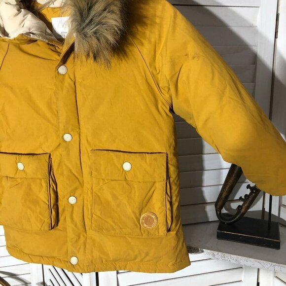 Zara Puffer Jacket Mustard Yellow Faux Fur Hood Size 4/5 - Picture 4 of 9